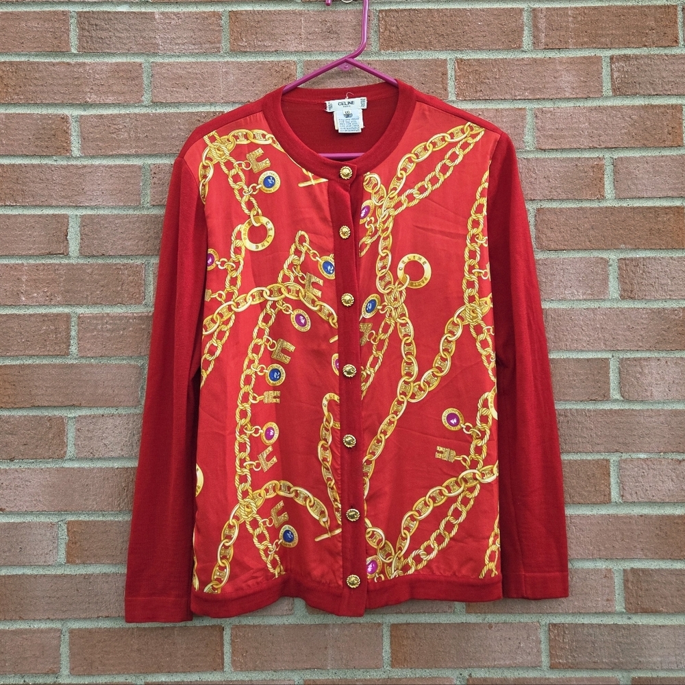 Celine Vintage 1990-2000s Chain Print Round-neck Cardigan In Red Wool FLAWED